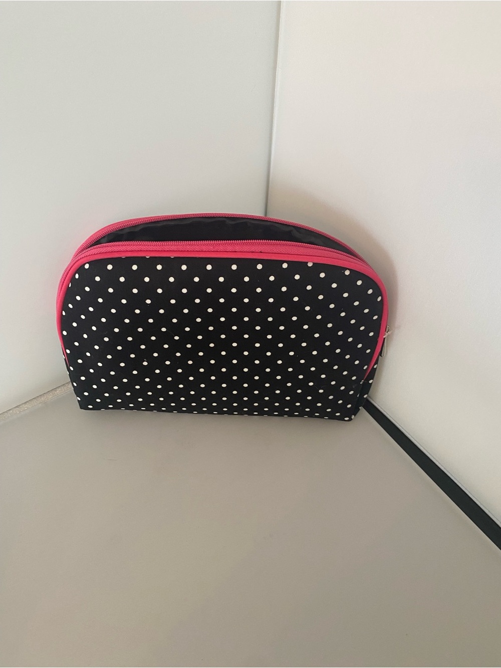 Black Polka Dot Cosmetic Bag with Pink Trim